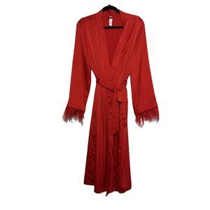 Auden Women's Red Satin Long Robe Size M/L Detachable Feather Accent Cuffs